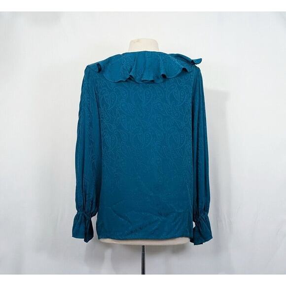 Vintage 90s Blouse Teal Green Silk Paisley Ruffle Top Shirt Misses Size M New - Picture 4 of 9